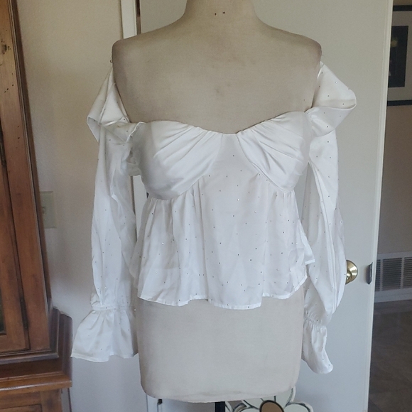 White Ruffled Bustier Blouse with Tie Front - Picture 1 of 11